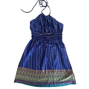 Betsey Johnson Silk Halter Dress Royal Blue Paisley Smocked Waist Small 4